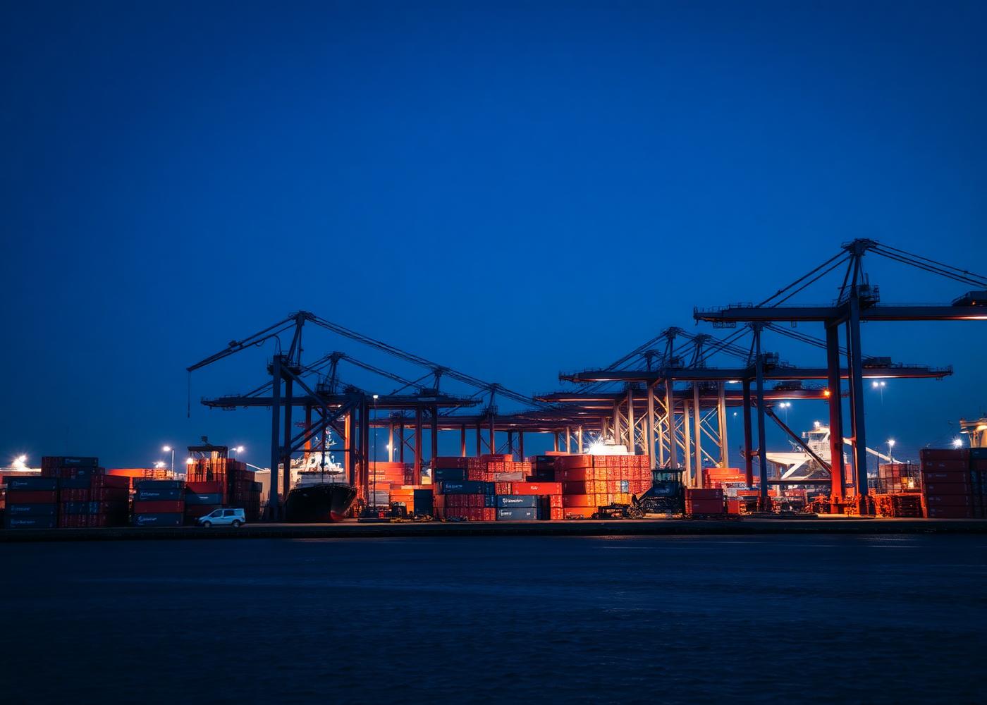 Deep-water container port with gantry cranes at blue hour